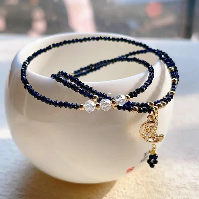 Blue gold sand stone multi-layer women's bracelet with three-ring adjustable design
