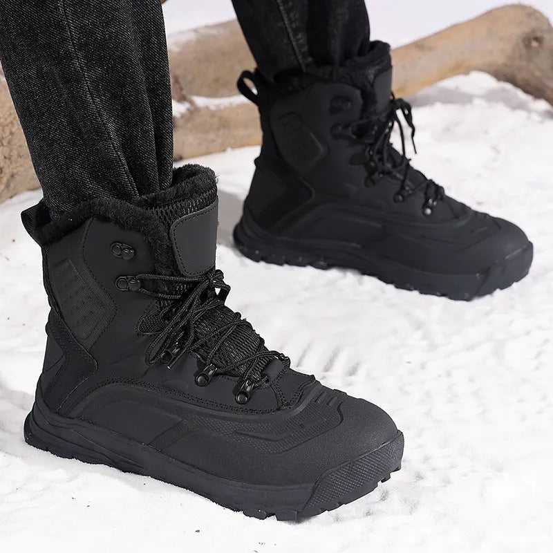 Men's black high-top boots with fleece lining and lace-up front, shown on a ribbed sole.