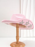 Beige polyester Western-style top hat with a conical crown and a silver hexagonal star decoration on the front.