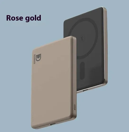 Ultra-thin aluminium alloy magnetic power bank in four colours showing 20W fast charging and wireless charging functions.