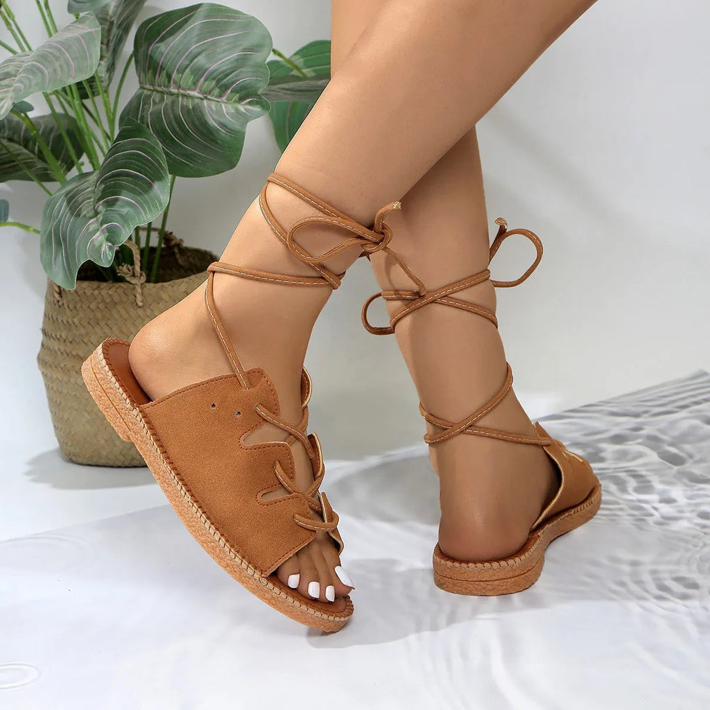 Plus size women's leopard print hemp rope lace-up sandals in light brown with leather upper and rubber sole