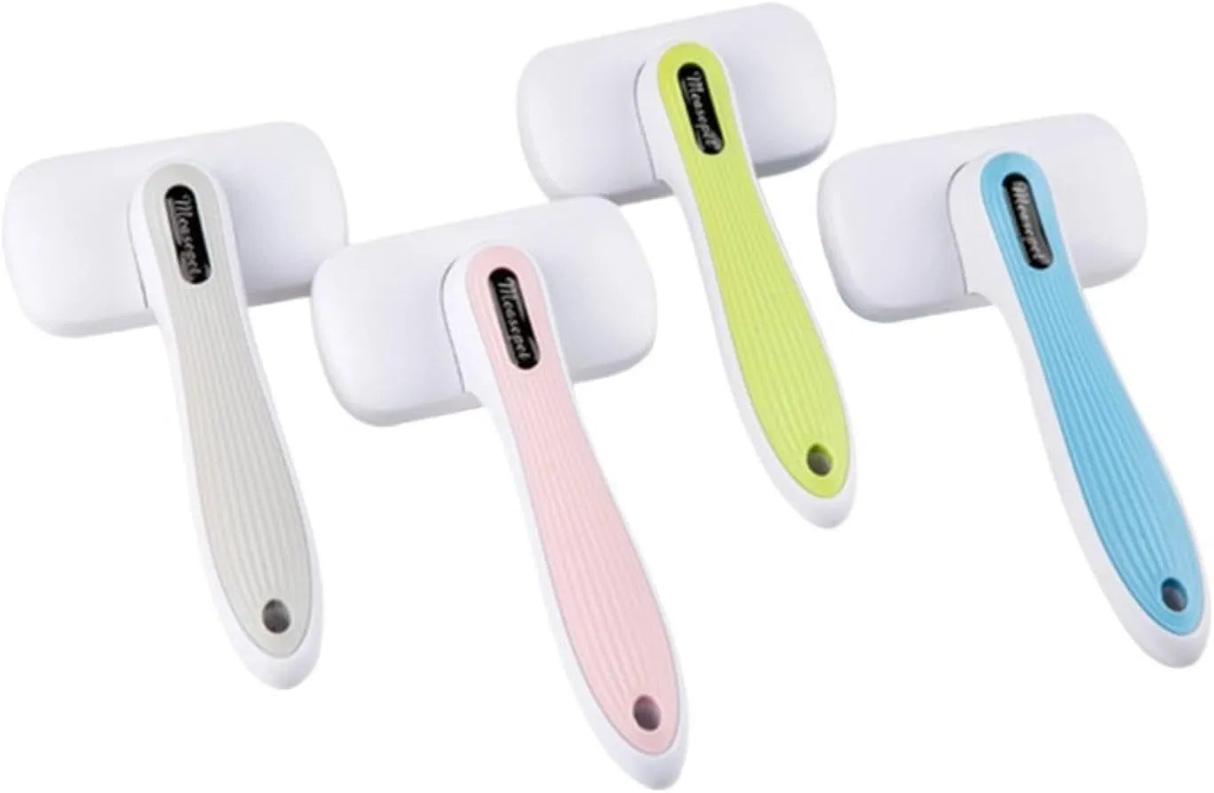 Automatic pet hair removal comb for dogs and cats in blue, grey, green, or pink colour options