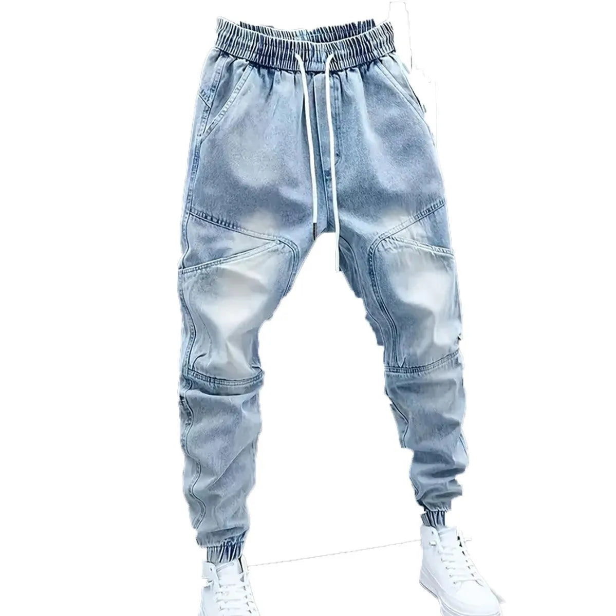 Men's light blue cotton denim elastic ankle banded drawstring skinny trousers