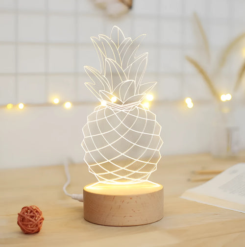 Pineapple-shaped wooden and acrylic bedside lamp with USB cable and dimmer switch.