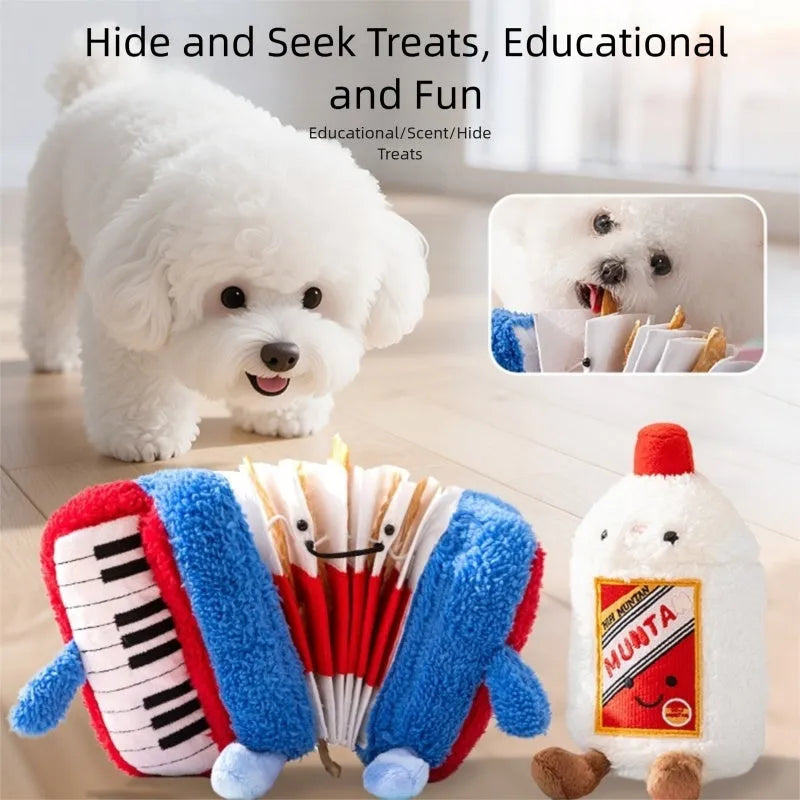 Blue accordion dog squeak toy with food hiding compartment on white background