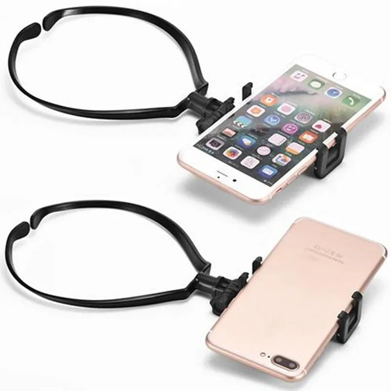 Black and white wearable neck phone holder made of ABS plastic, showing adjustable angle and ring for hands-free use.