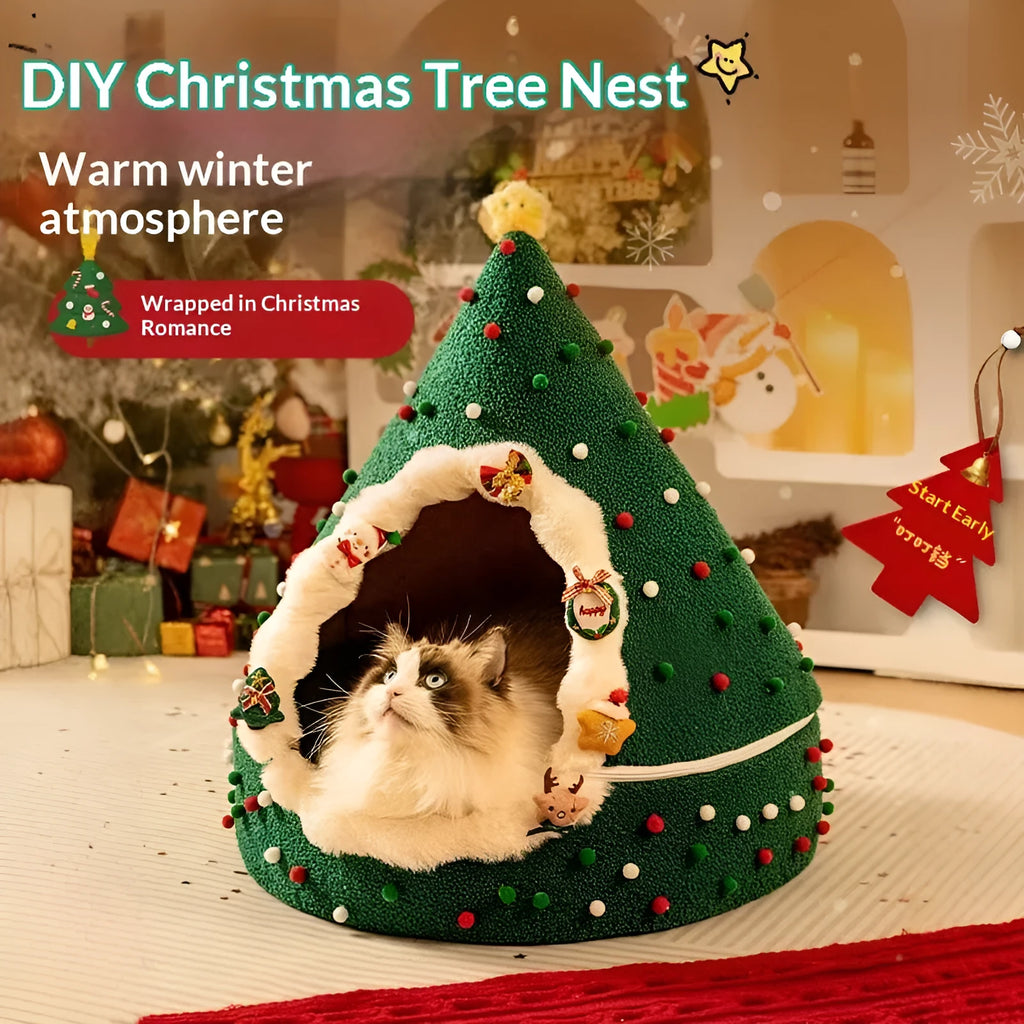 Closed plush Christmas tree cat nest in PP cotton with sizes S M L, cat pet bed