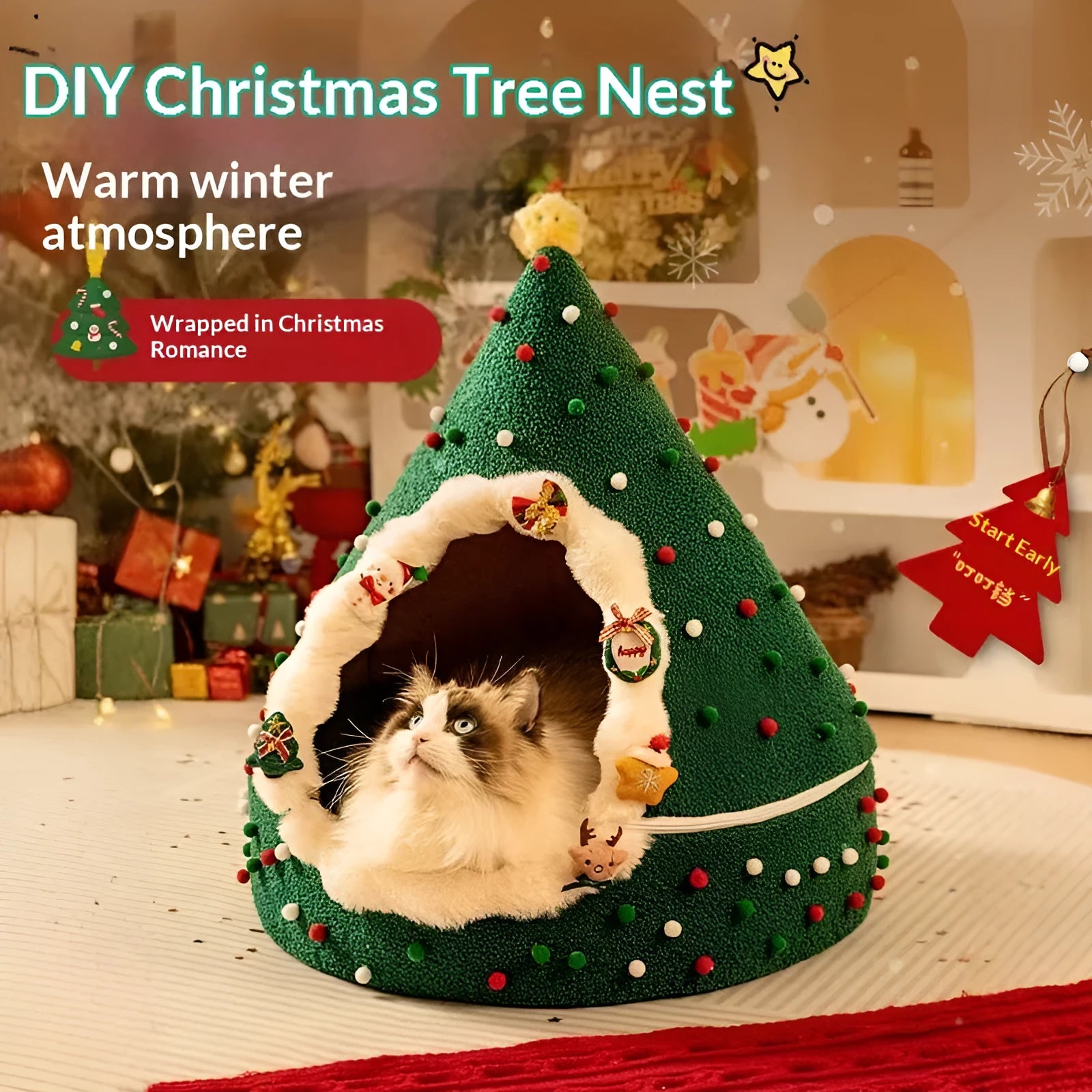 Closed plush Christmas tree cat nest in PP cotton with sizes S M L, cat pet bed
