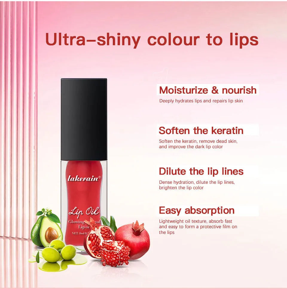 Lip gloss tube in one of seven colours: coral, clear, honey, jam, pink, red, or rose.