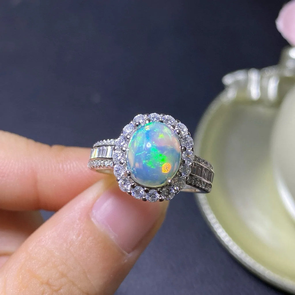 Natural opal opening silver ring in choice of platinum, rose gold or gold colour finishes