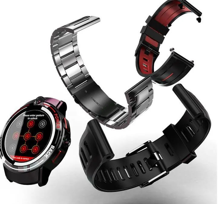 4G smart watch with ceramic bezel, AMOLED screen, rubber wristband, and touch buttons on a wrist