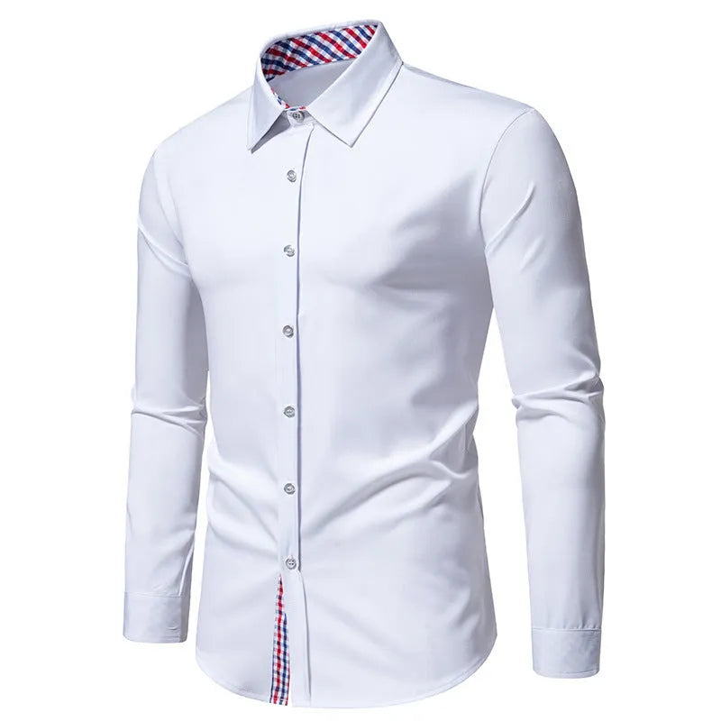Men's loose fit plaid long-sleeved shirt in chemical fibre blend fabric available in white, black and wine red colours