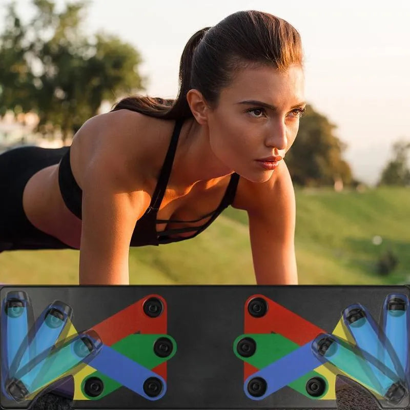 Power Press Push Up Board Nine System colour-coded ABS plastic board with blue red yellow green zones for chest shoulders back triceps exercises