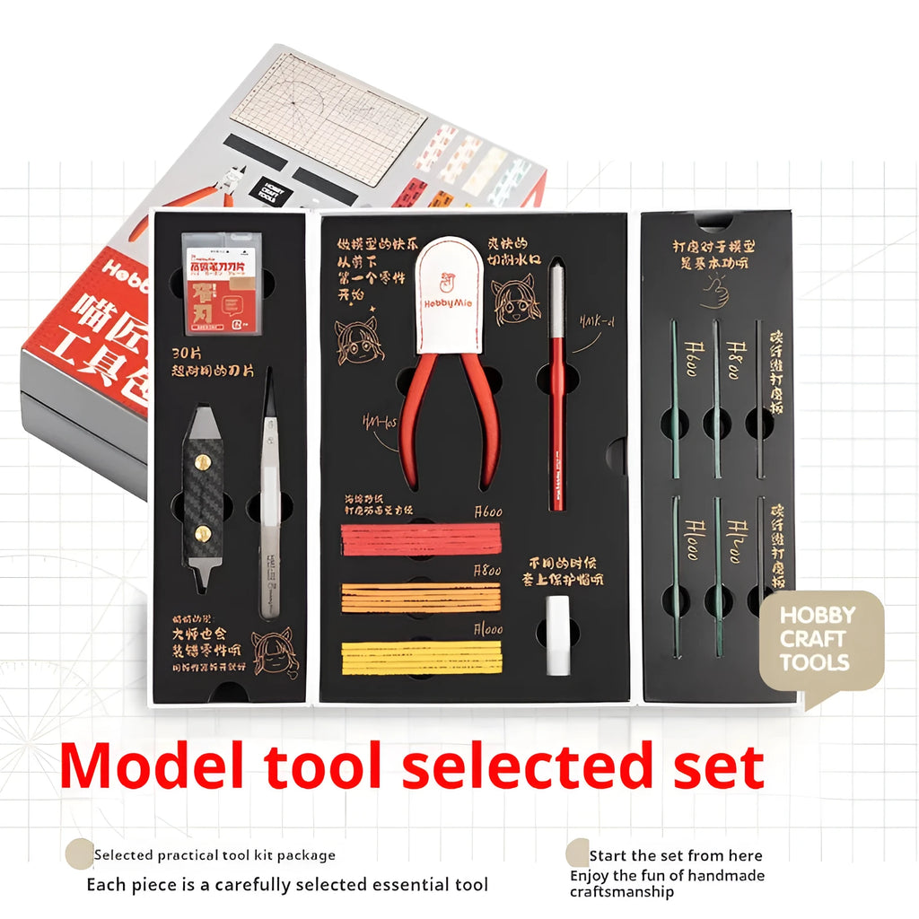 Meow Maker model tool set with metal implements and miniature handmade suit for crafting projects