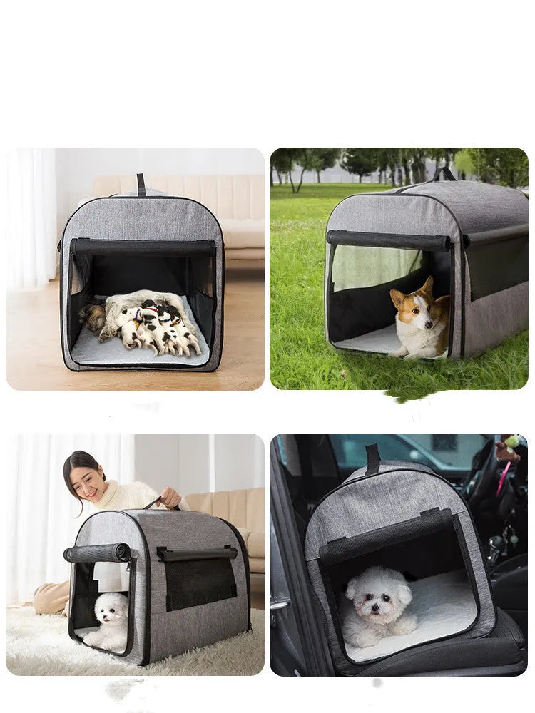 Grey portable dog cage house with mesh panels and roll-up sunshade for travel