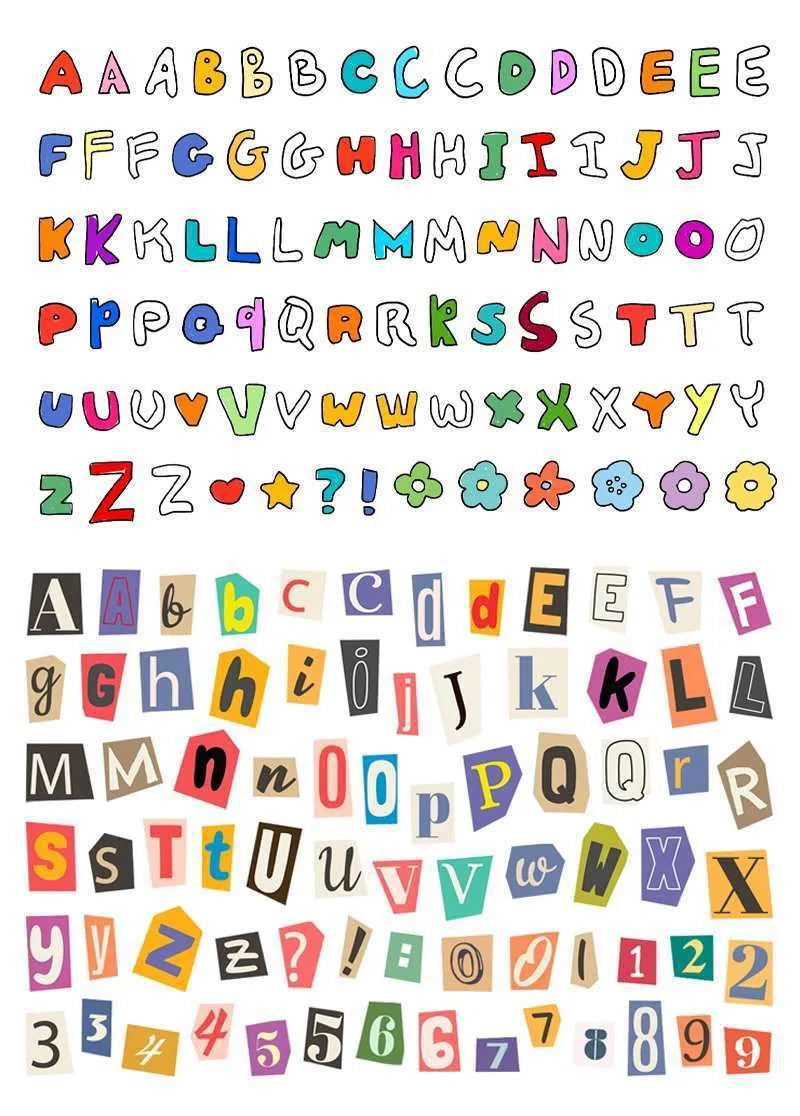 Sheet of cute style decorative stickers showing printed English alphabet letters and weekly words.