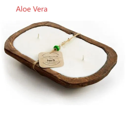 Retro wooden basin containing a soy wax aromatherapy candle with three wicks.