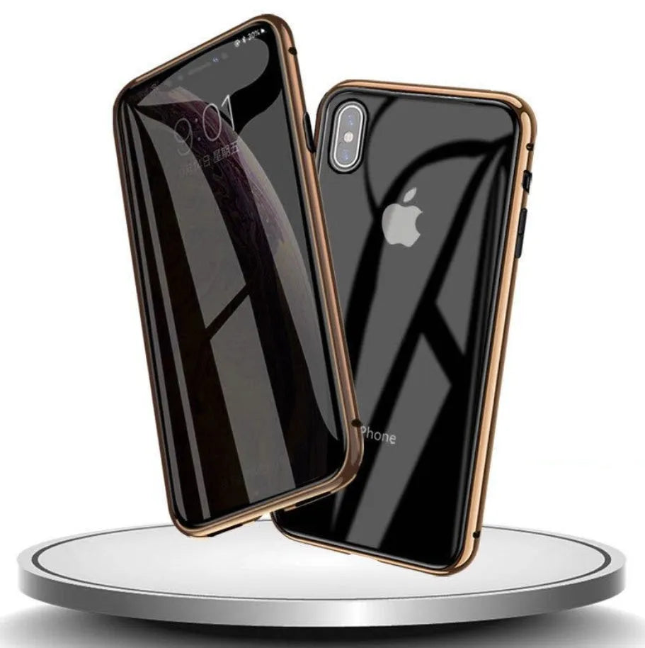 Glass anti-spy clamshell phone case for iPhone in six colour options: black, silver, red, gold, green, blue.
