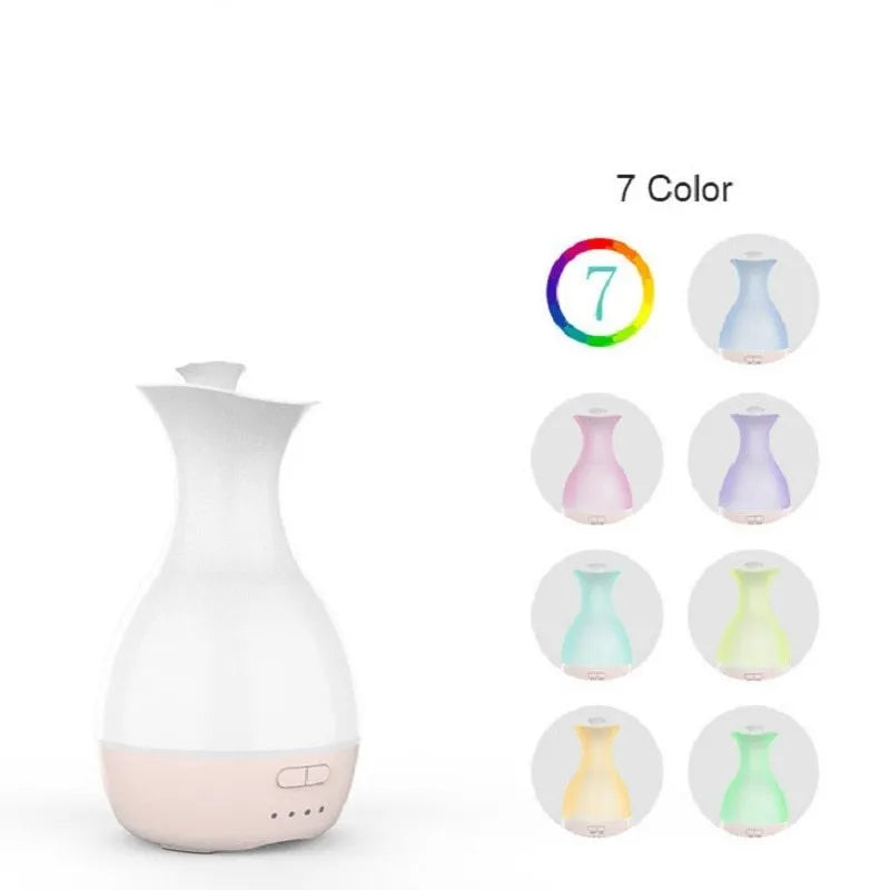 White or pink ultrasonic aromatherapy vase diffuser with 200ml tank and colour-changing LED night light