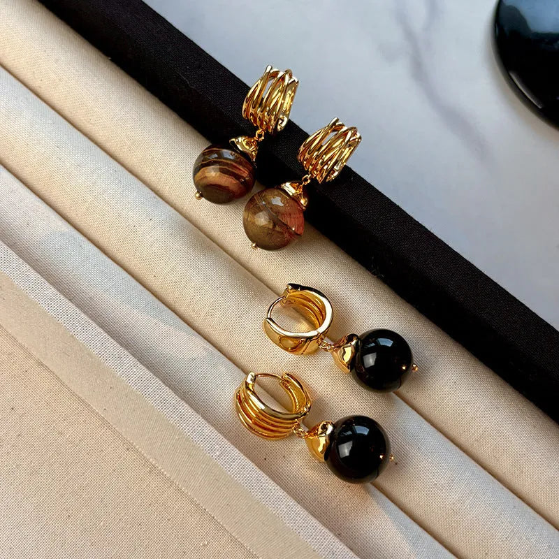 Maillard Tigereye geometric earrings with French retro style and real gold plating