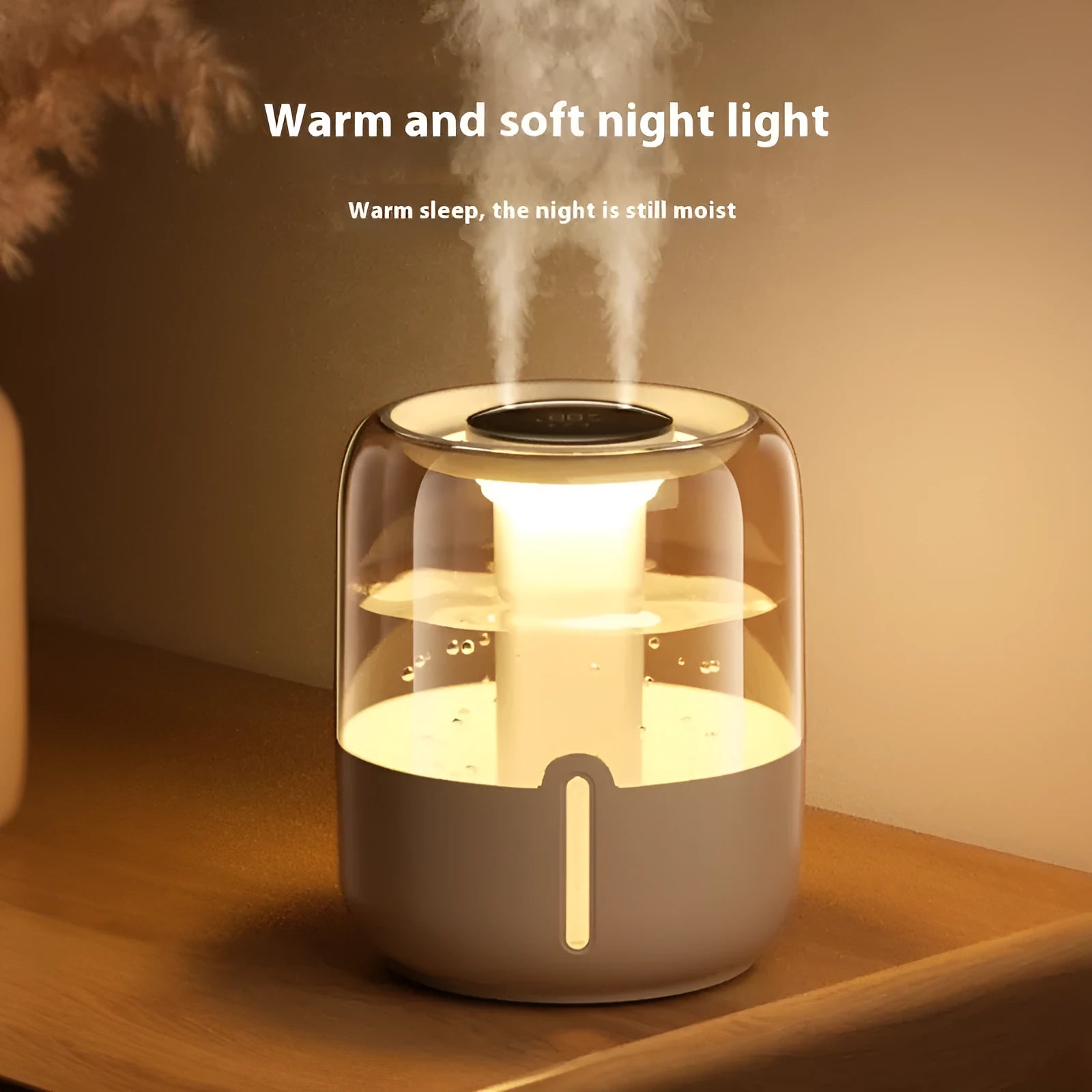 Round beige large capacity humidifier with dual spray nozzles, humidity display, and USB port