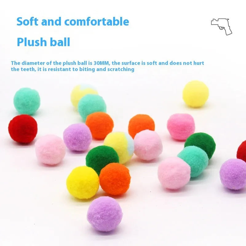 Plush ball shooter gun pet toy with multiple yarn balls for interactive fetch games