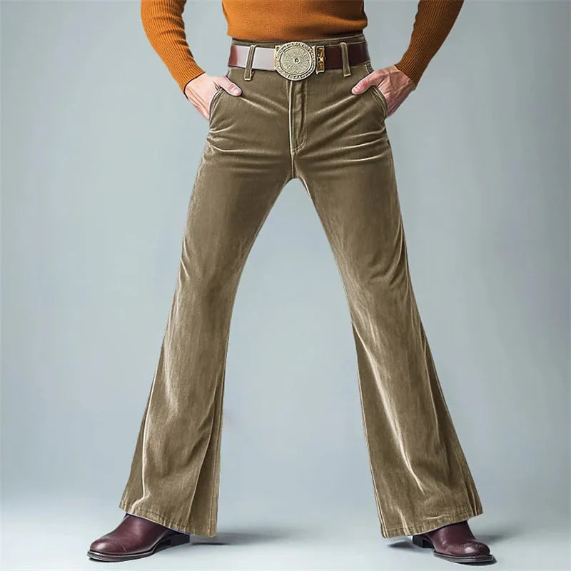 Men's gold velvet slim flared suit pants in black colour showing slight flare detail