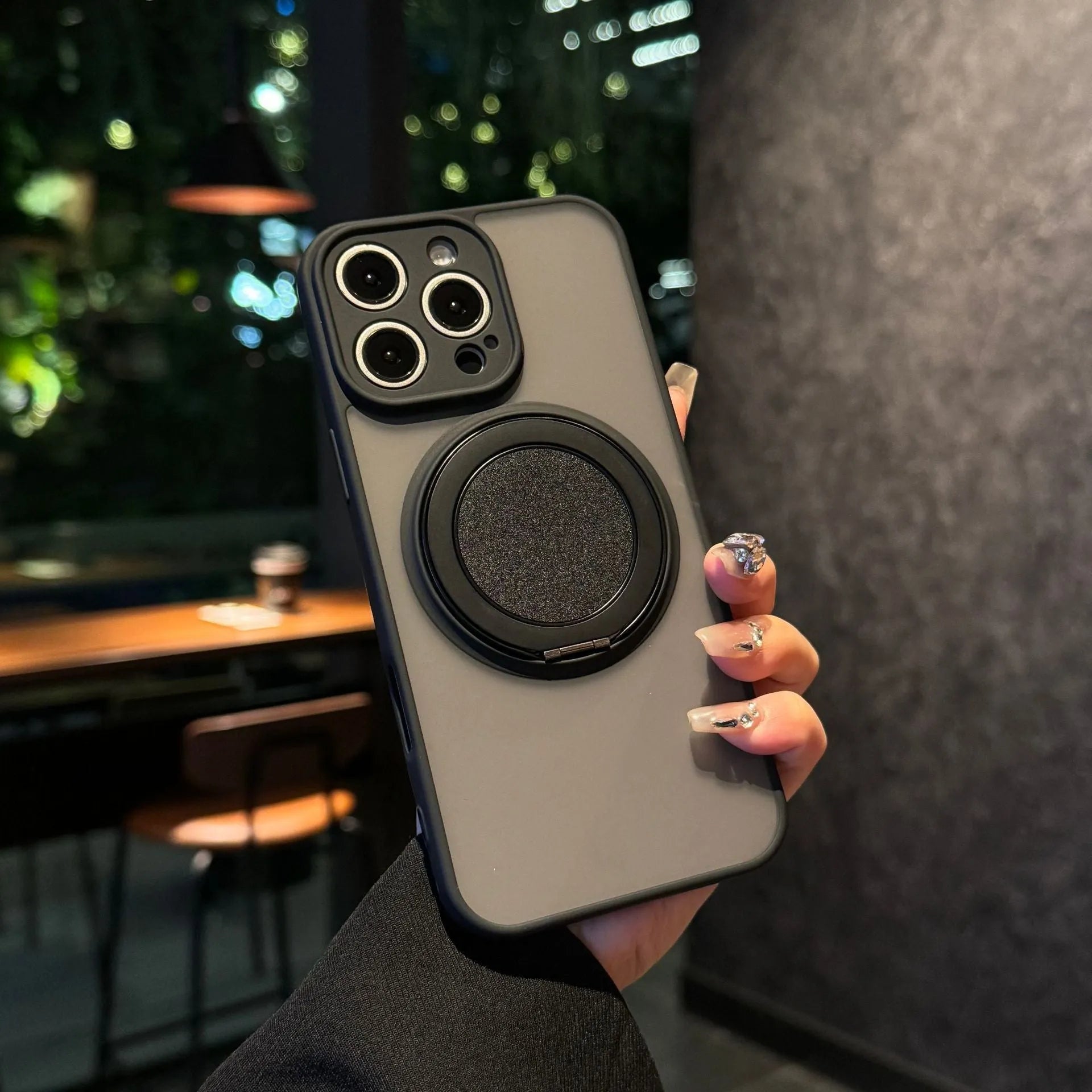 Frosted magnetic rotating bracket phone case for iPhone 17 in multiple colour options showing bracket extended