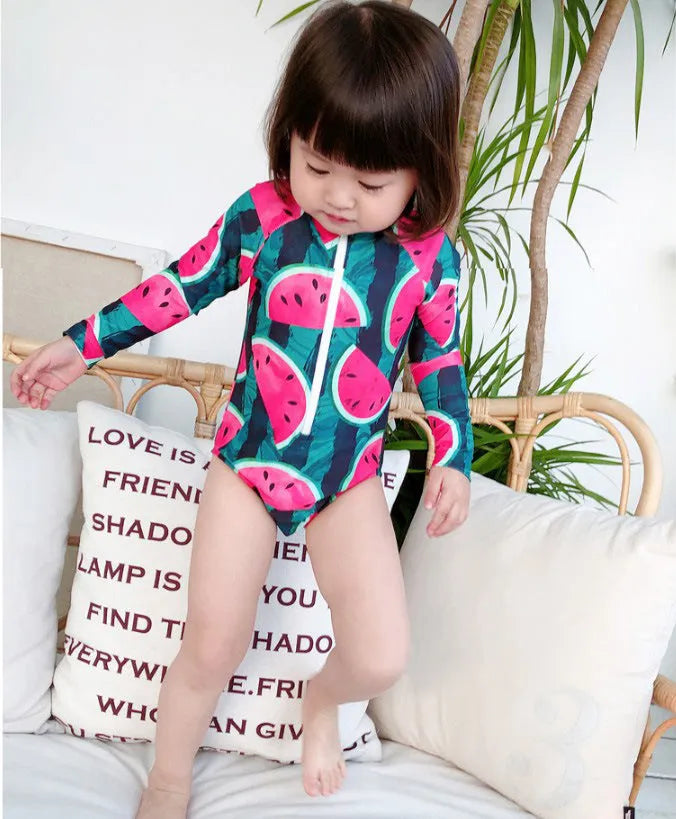 Cool watermelon children's swimwear set with long sleeves and fruit print for girls ages 3-8