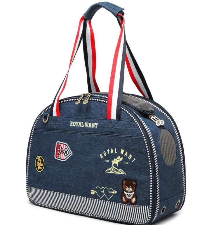 Blue Japanese style denim pet diaper bag with cartoon pattern, 43x20x30cm dimensions