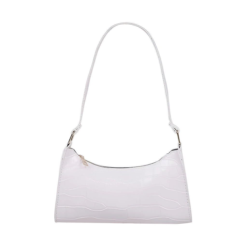 Small women's underarm shoulder bag with crocodile pattern, PU material, and zipper closure in beige