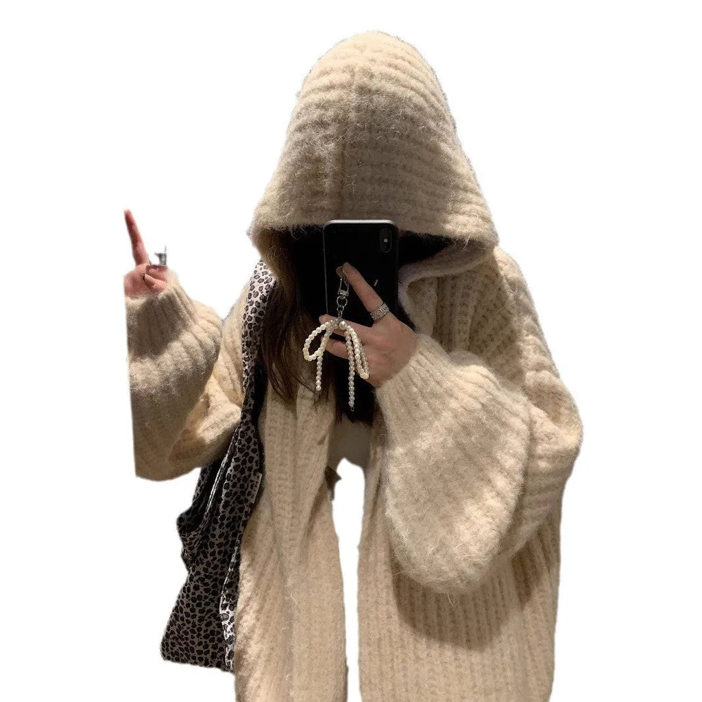 Women's dark grey retro hooded cardigan with loose fit and thick acrylic fabric