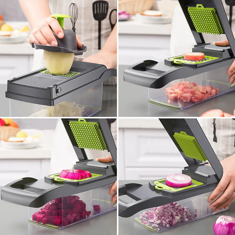 Multifunctional vegetable cutter with 7 stainless steel blades and wheat straw body in black, 31.8 cm