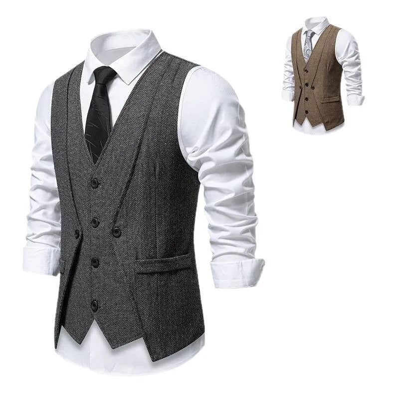 Retro fake two-piece formal vest for men, slim fit polyester, dark gray colour, front view