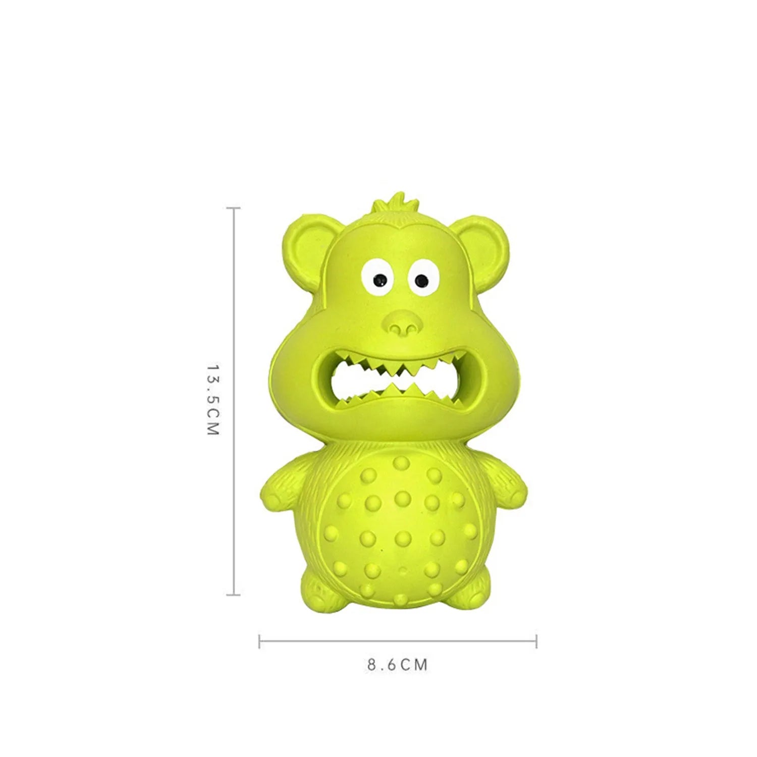 Green and yellow thick natural rubber dog chew toy for aggressive chewers with squeaker.