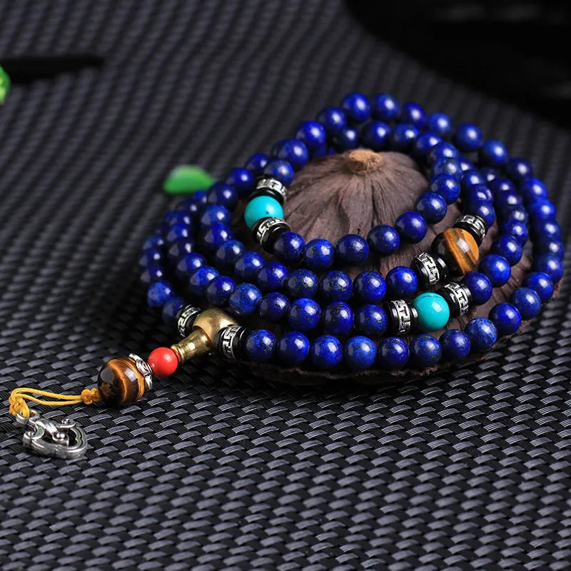 Natural lapis lazuli stone 108 prayer bracelet with animal or zodiac motif beads