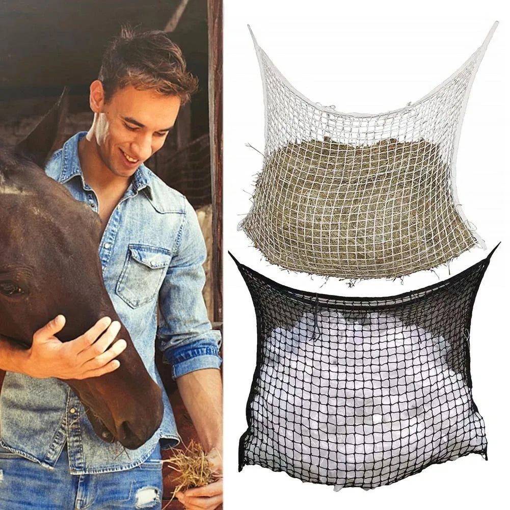 Woven polyethylene rope hanging feeding bag for livestock in a grid design.