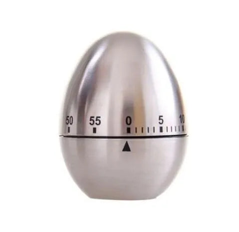Stainless steel egg-shaped mechanical kitchen timer with a 60-minute dial