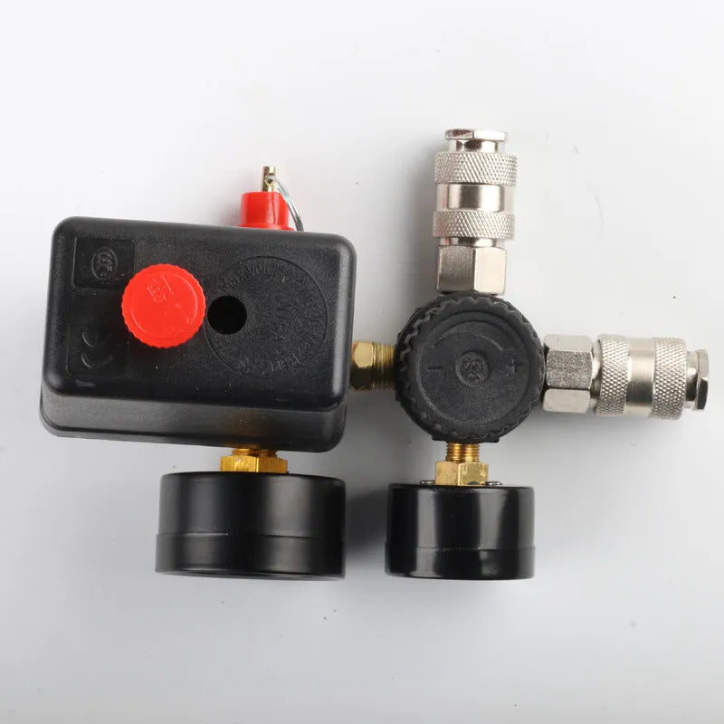 European style air compressor pressure regulating valve assembly with switch box and industrial fittings