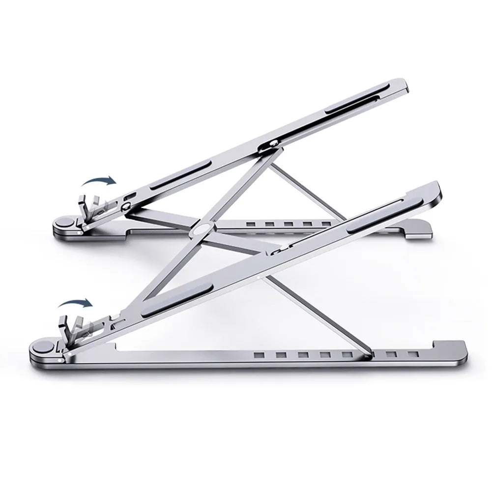 Aluminium alloy laptop stand in folded and extended positions, shown in silver colour.