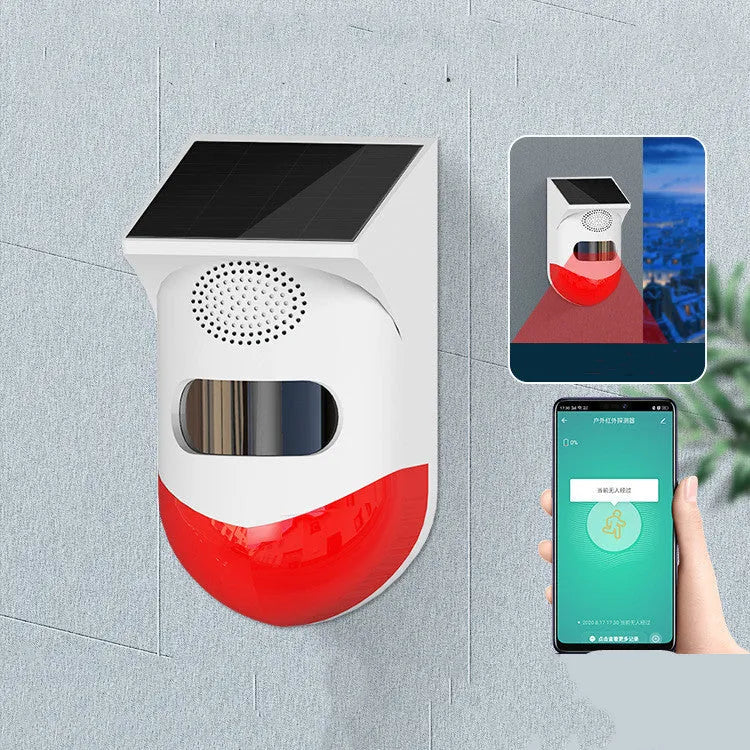 Solar-powered infrared alarm detector with wireless remote control for outdoor security