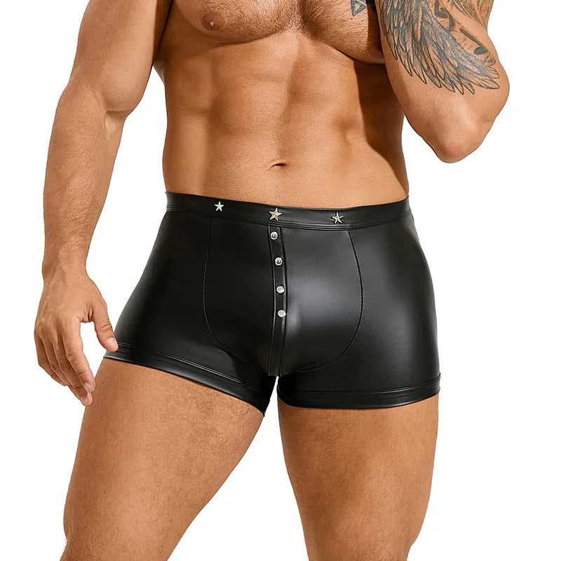 Black PU leather men's boxer shorts with U pouch design on size chart