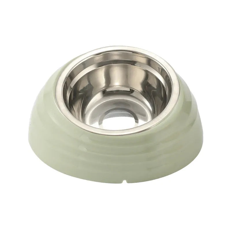Stainless steel cat bowl on a plastic base in a choice of beige, brown, or light green.