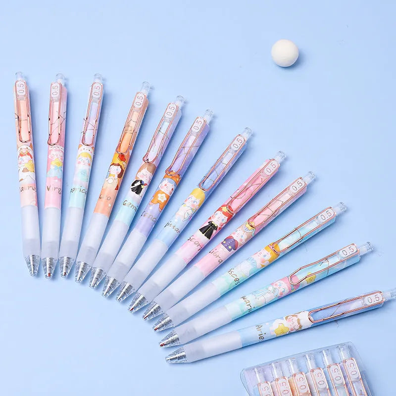 Six press gel pens with cartoon constellation designs, showing styles A and B.