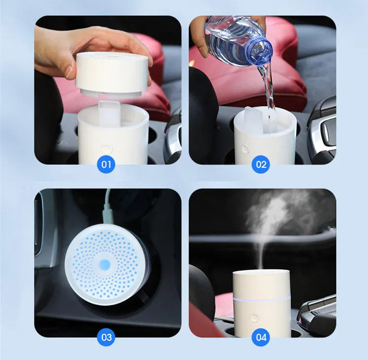 Mini USB aroma diffuser with ultrasonic mist and RGB LED lights in black finish for car or home use