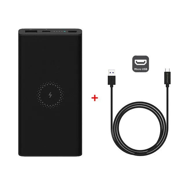 White and black 10000mAh power bank with USB-C port and wireless charging surface