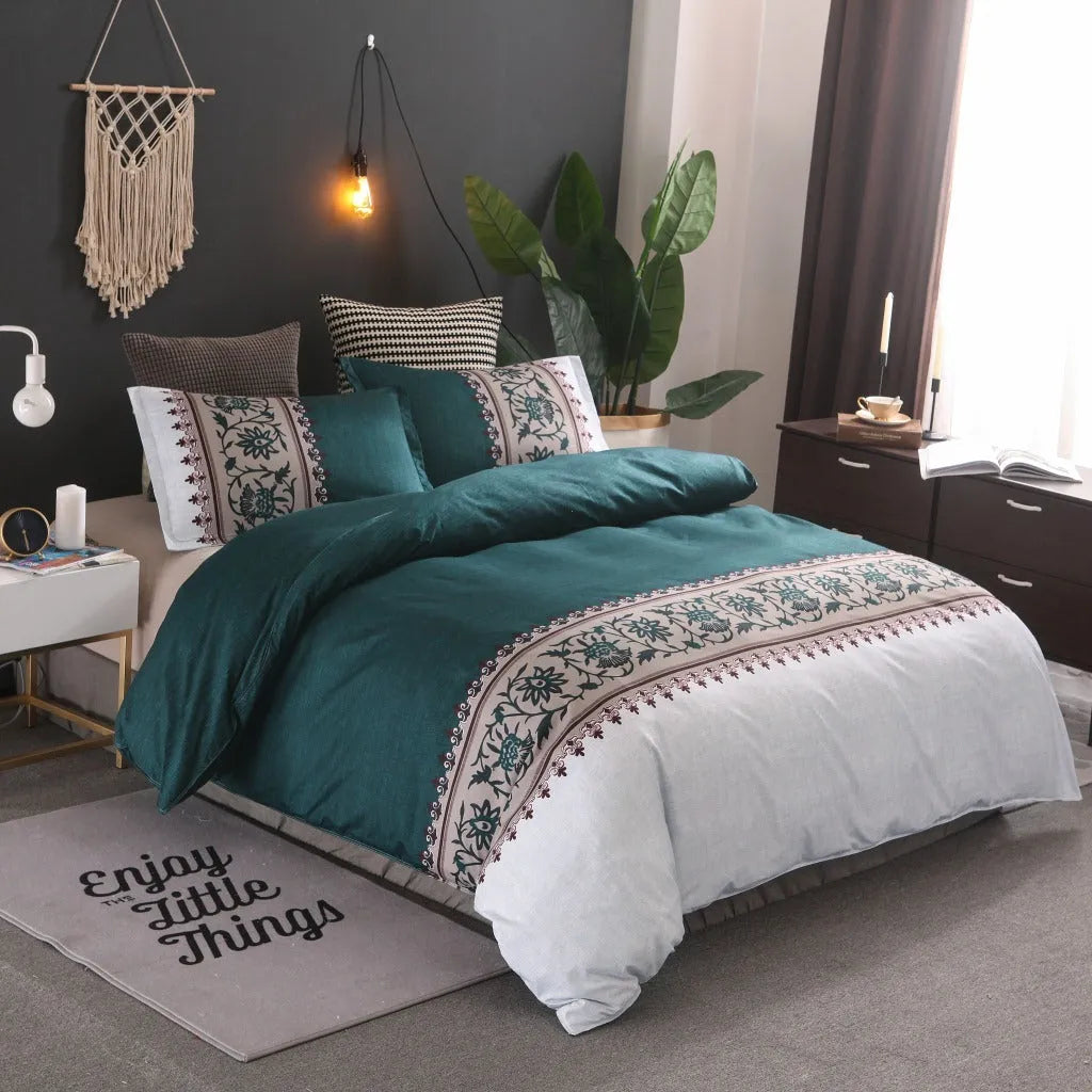 Plain weave polyester duvet cover set in solid colour or floral pattern on a bed