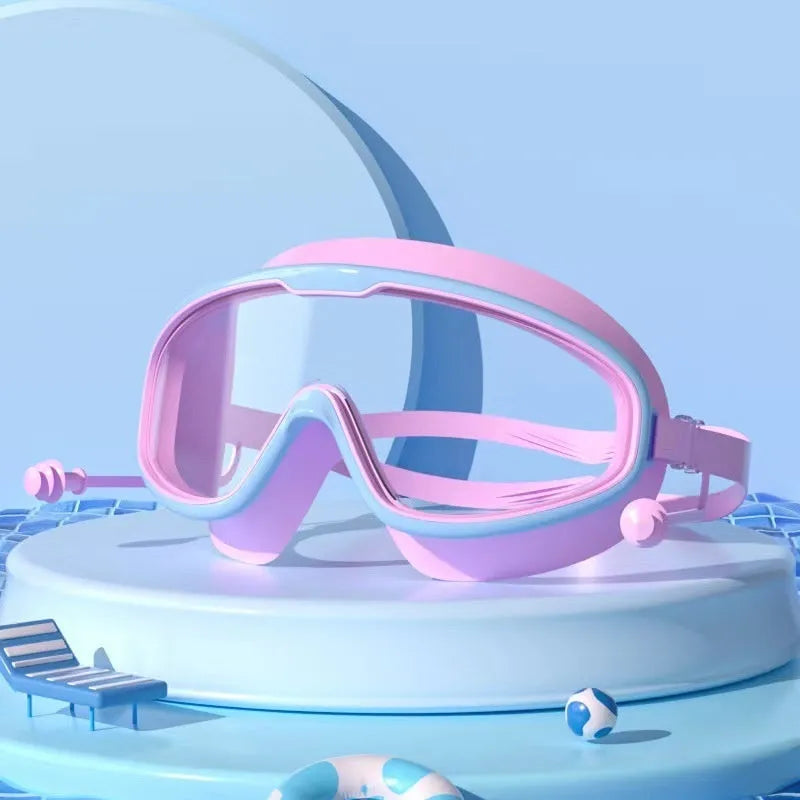 Children's large frame non-fogging waterproof swimming goggles in pink and blue