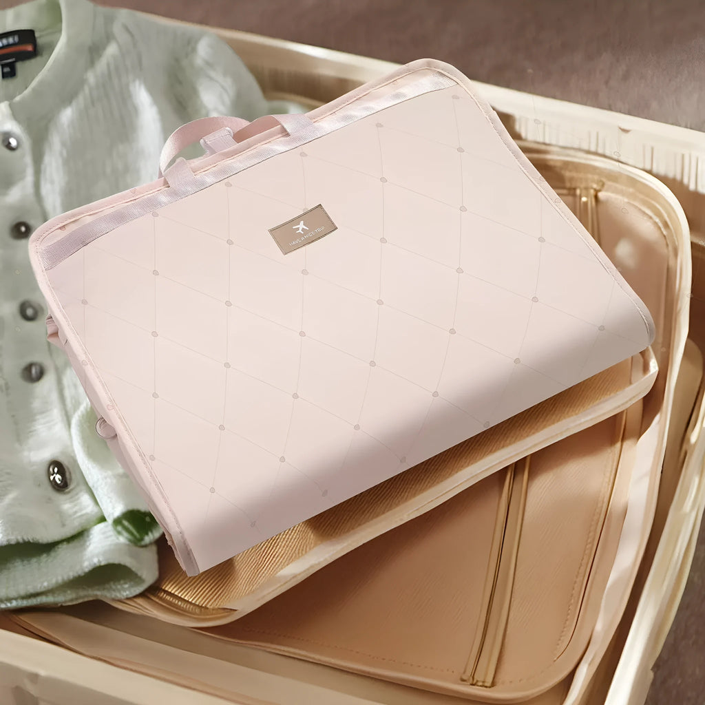 Travel storage hook bag in beige polyester fabric with woven texture, folded and hanging