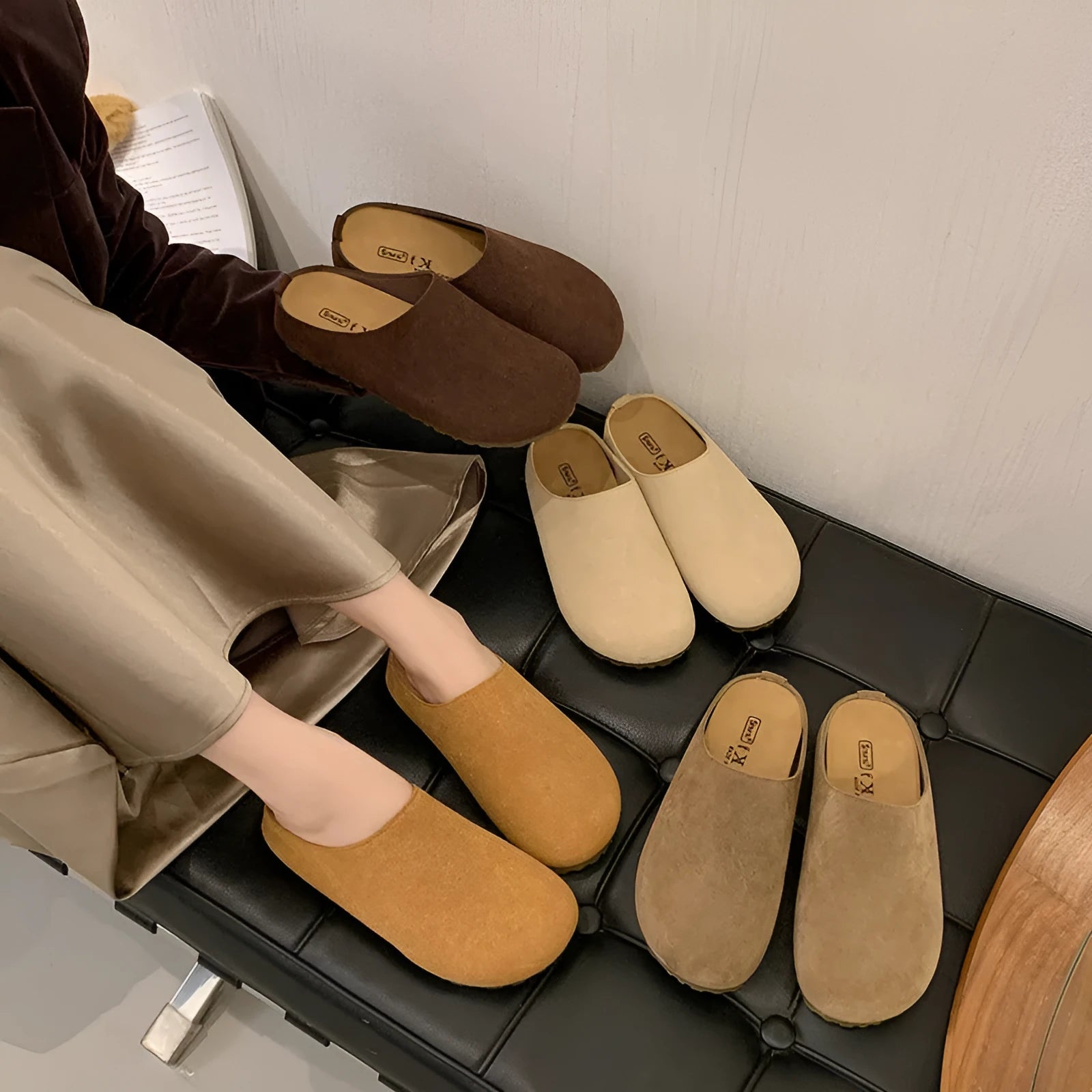 Korean style flat slip-on slippers in apricot colour with microfiber upper and PU sole.